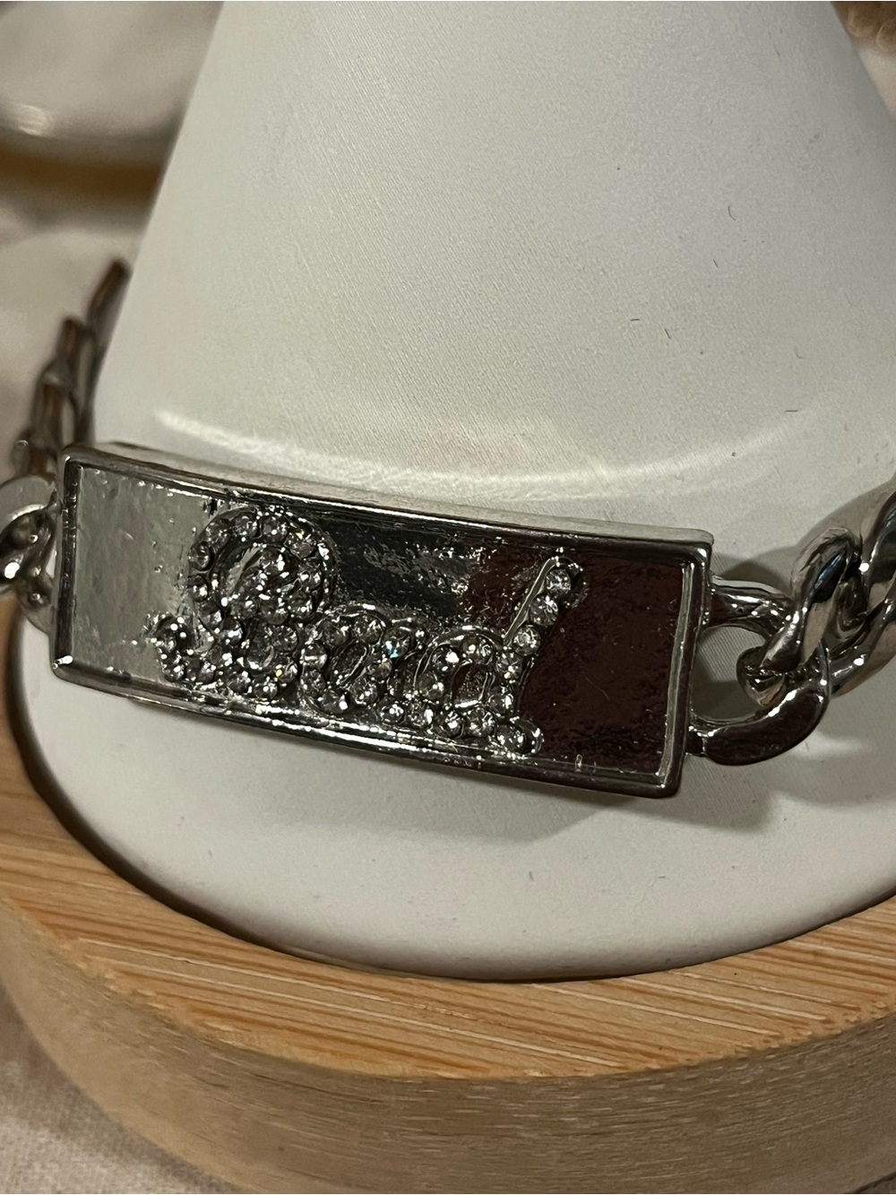 “Bad” Chunky Chain Silver Crystal-Accent ID Bracelet for Women